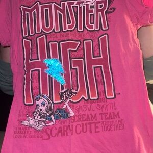 Monster High Girls Pink Graphic T-Shirt Sequin Logo Youth Size 14/16